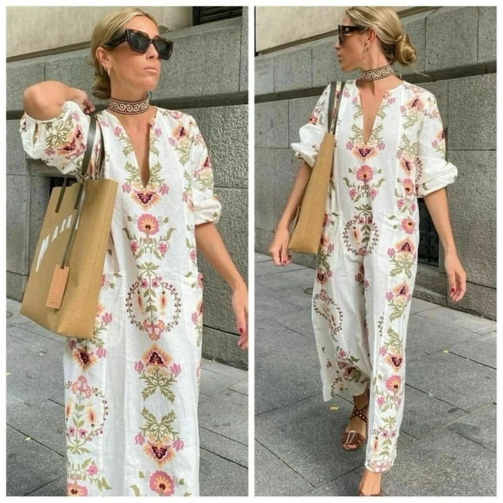 Zara Floral Kaftan Dress Print Midi Linen Cotton Blend XL - Picture 1 of 6